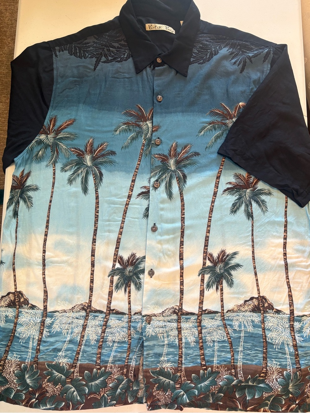 Batik Bay Men’s Large Hawaiian Shirt Blue Palm Tree Tropical Aloha 100% Rayon